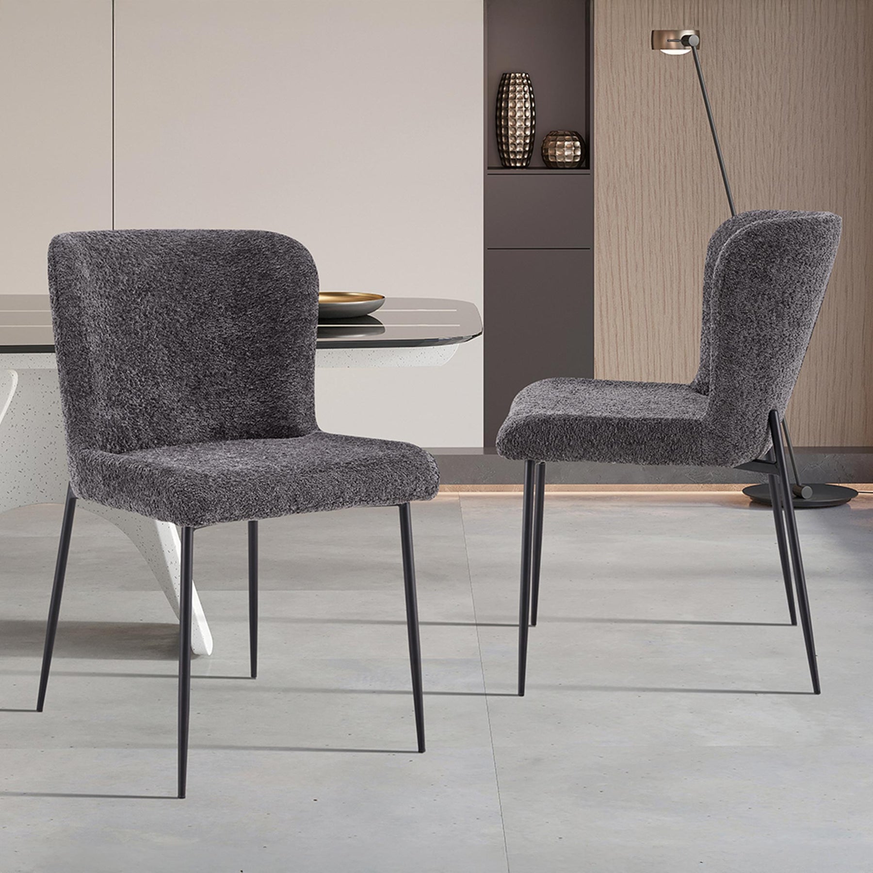 AZEL Lot de 2 chaises tissu bouclette gris anthracite piètement métal noir