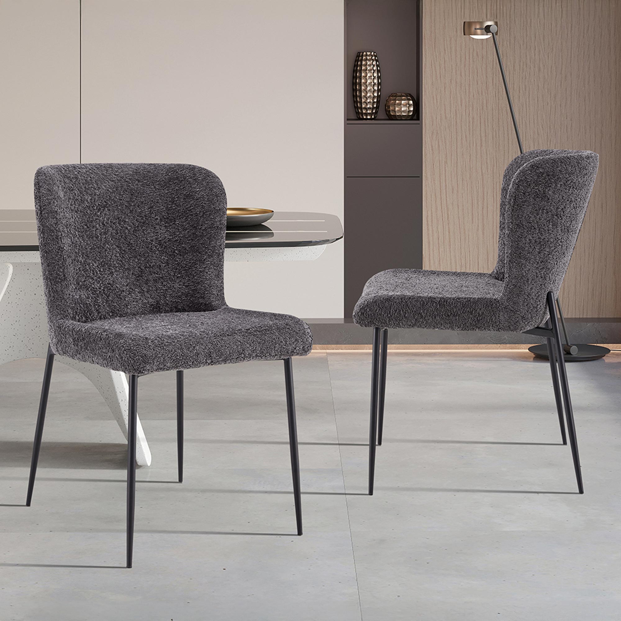 AZEL Lot de 2 chaises tissu bouclette gris anthracite piètement métal noir