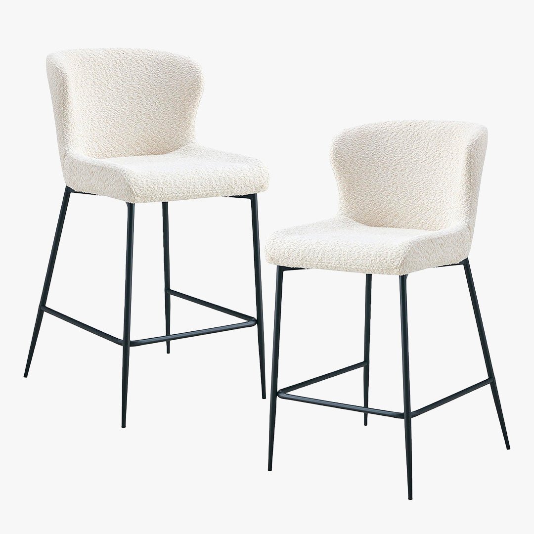 AZEL Lot de 2 tabourets tissu bouclette blanc écru piètement métal noir