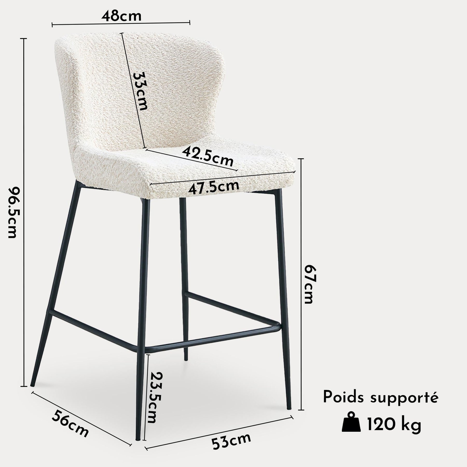 AZEL Lot de 2 tabourets tissu bouclette blanc écru piètement métal noir