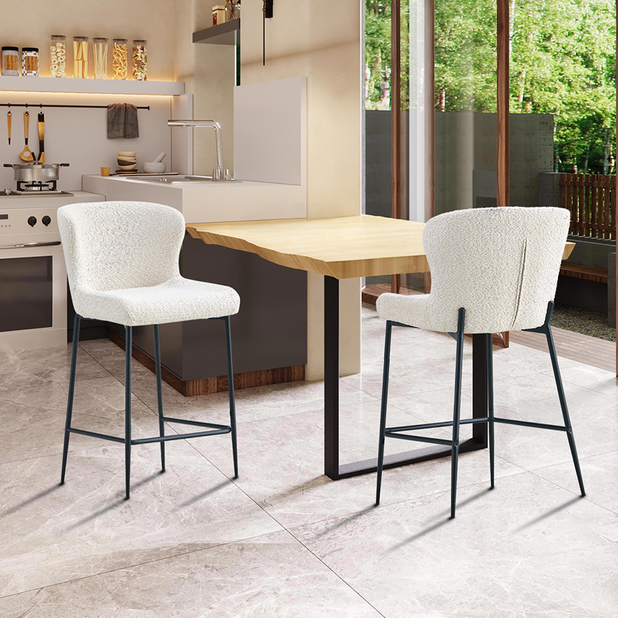 AZEL Lot de 2 tabourets tissu bouclette blanc écru piètement métal noir