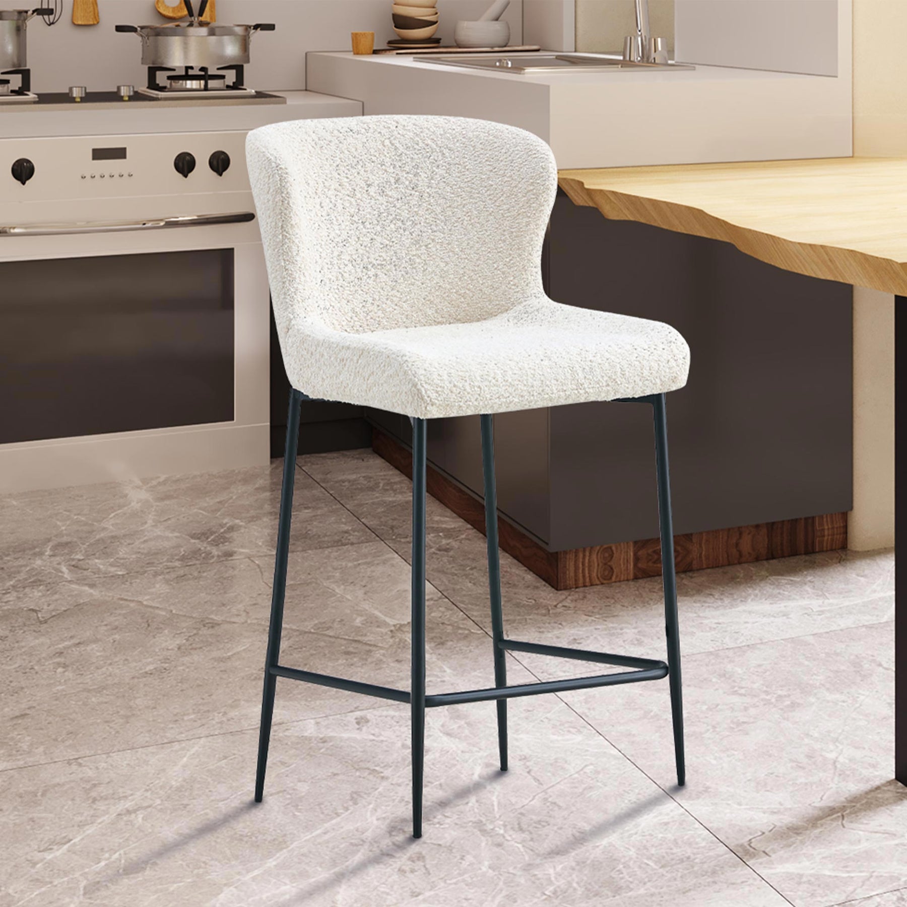 AZEL Lot de 2 tabourets tissu bouclette blanc écru piètement métal noir
