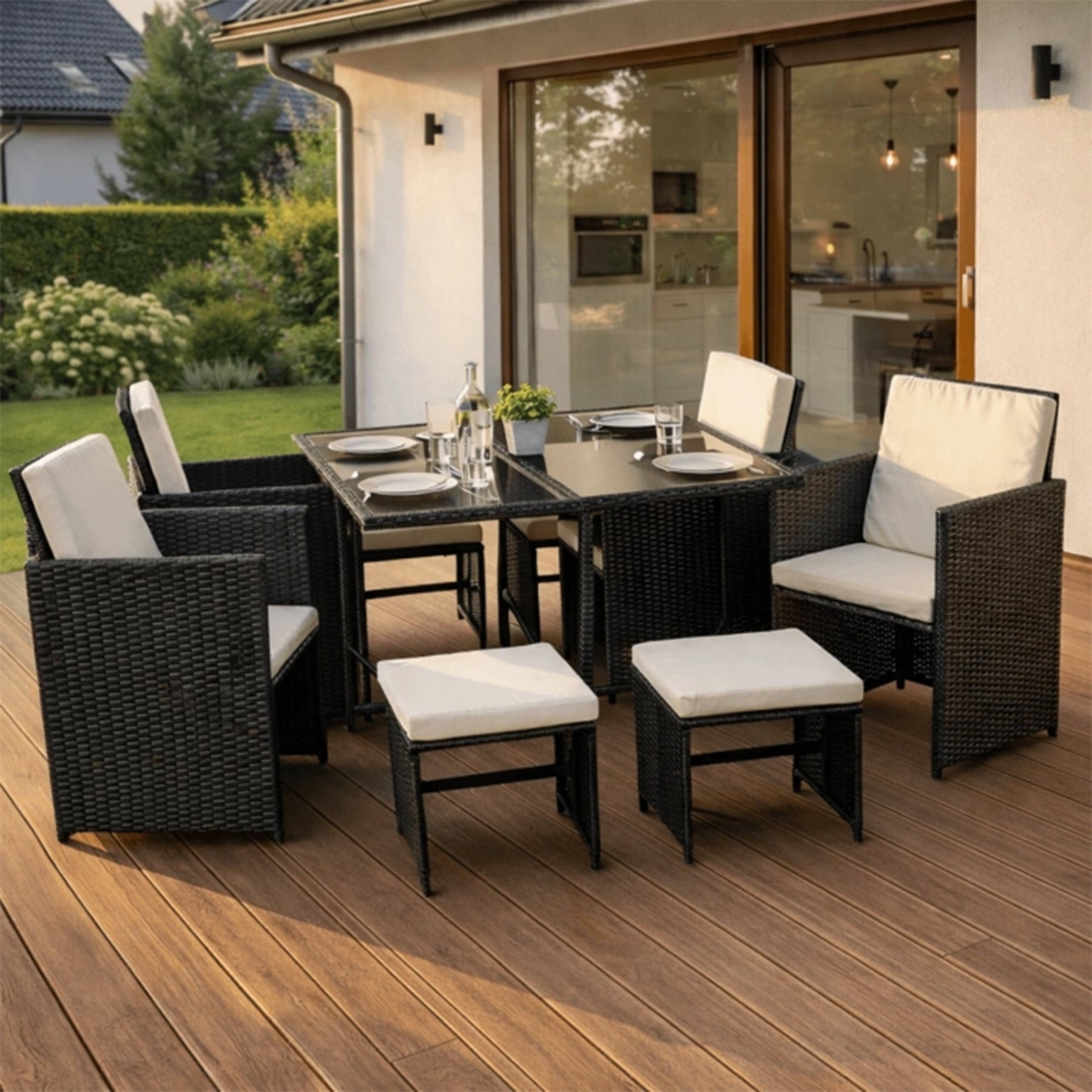 BONITO Ensemble de mobilier de jardin 8 places avec table en verre trempé noir