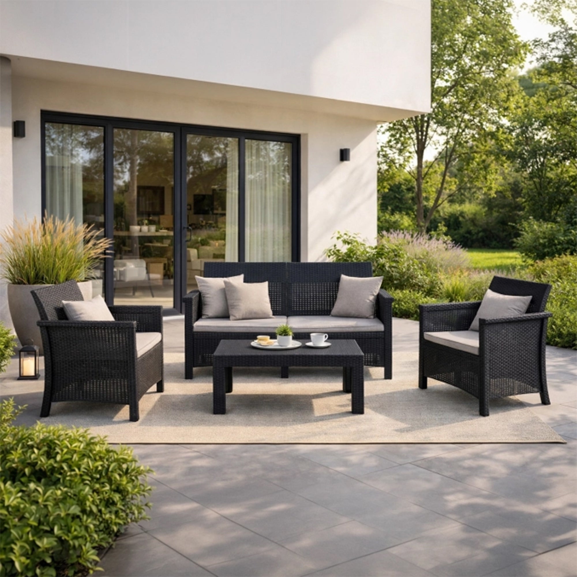 BRENTA Ensemble de mobilier de jardin 4 places avec table noir