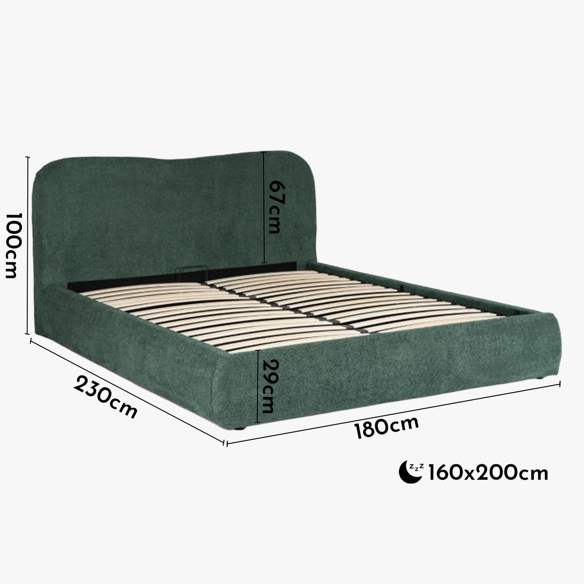 BRISTOL Lit double en tissu bouclette vert avec coffre 160x200 cm