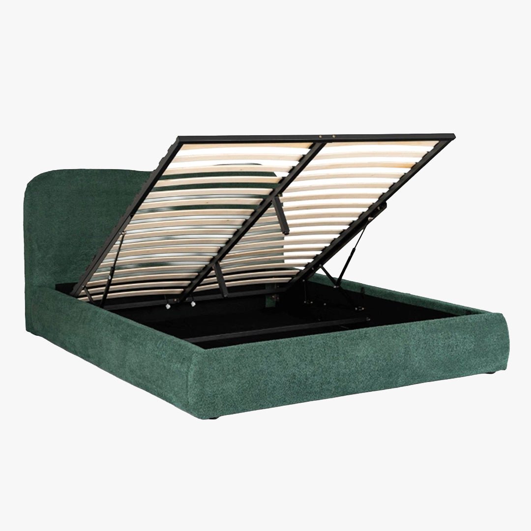 BRISTOL Lit double en tissu bouclette vert avec coffre 160x200 cm