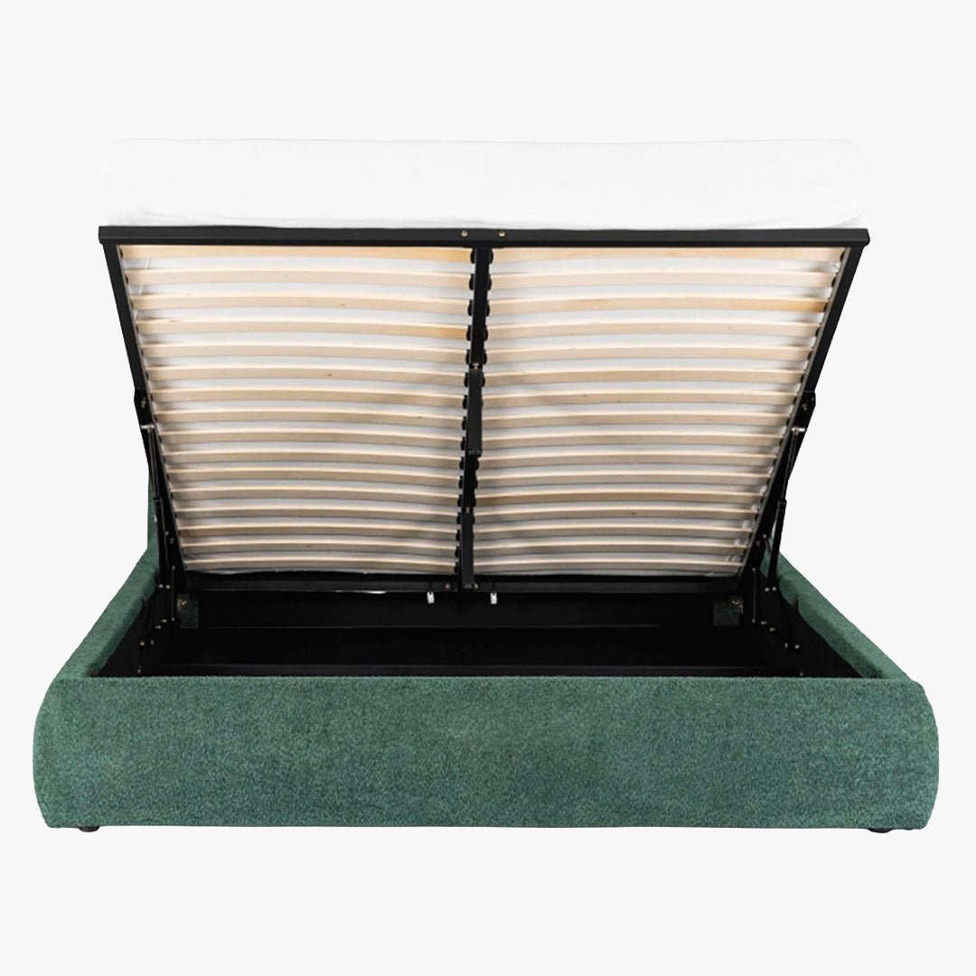 BRISTOL Lit double en tissu bouclette vert avec coffre 160x200 cm