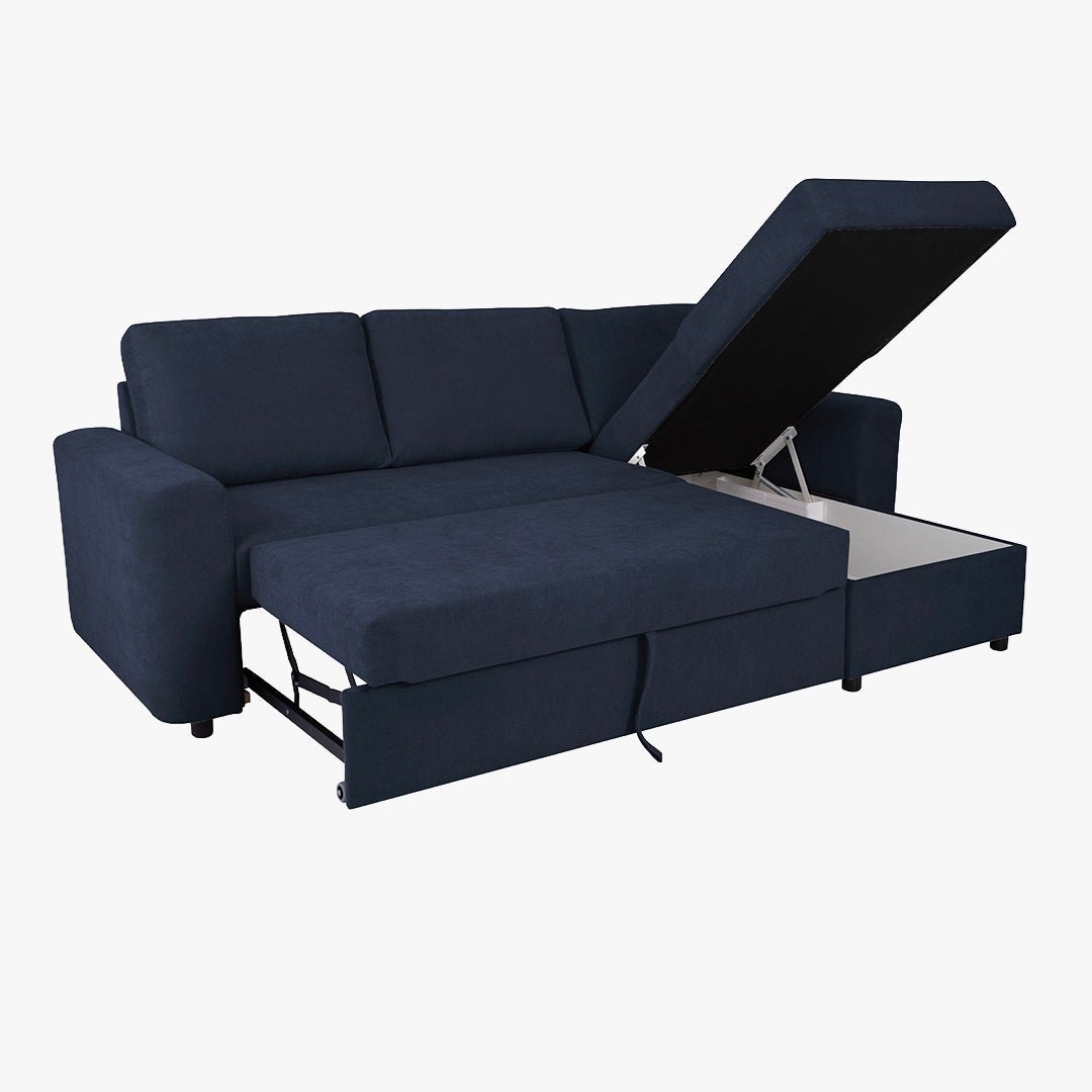CELIA Canapé d'angle convertible et réversible avec coffre en tissu bleu