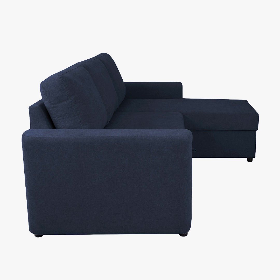 CELIA Canapé d'angle convertible et réversible avec coffre en tissu bleu