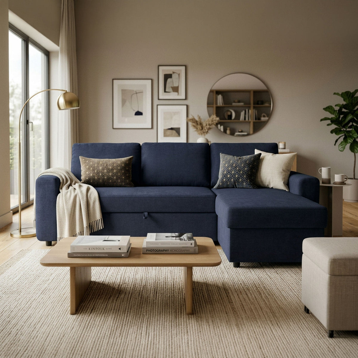 CELIA Canapé d'angle convertible et réversible avec coffre en tissu bleu