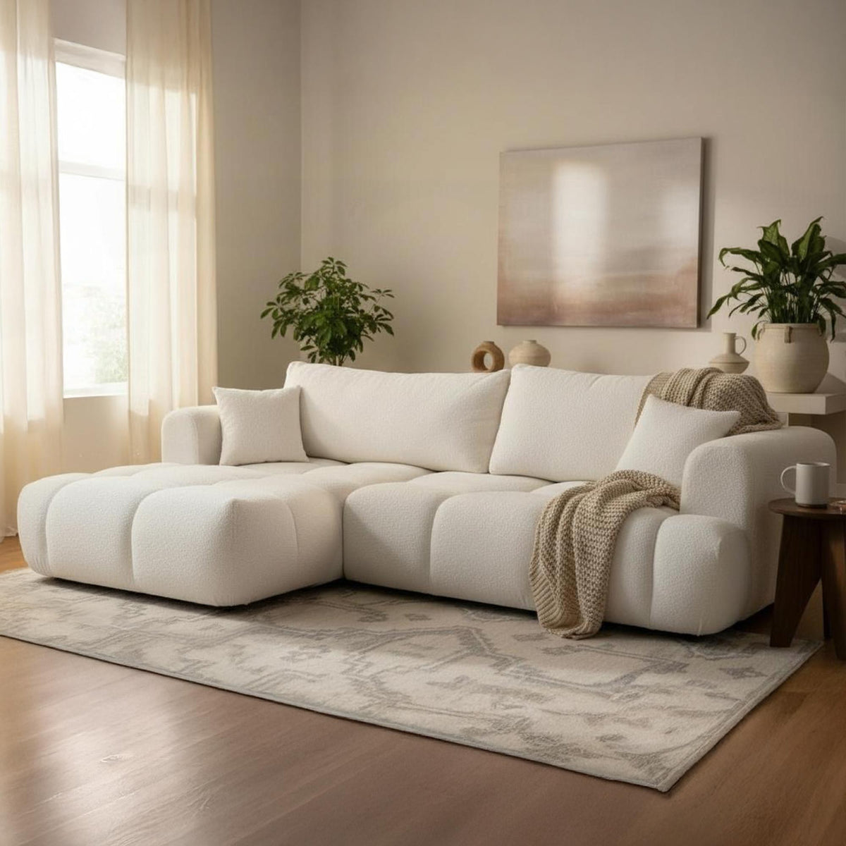 CLOUD Canapé d'angle convertible en tissu bouclette beige - Angle gauche