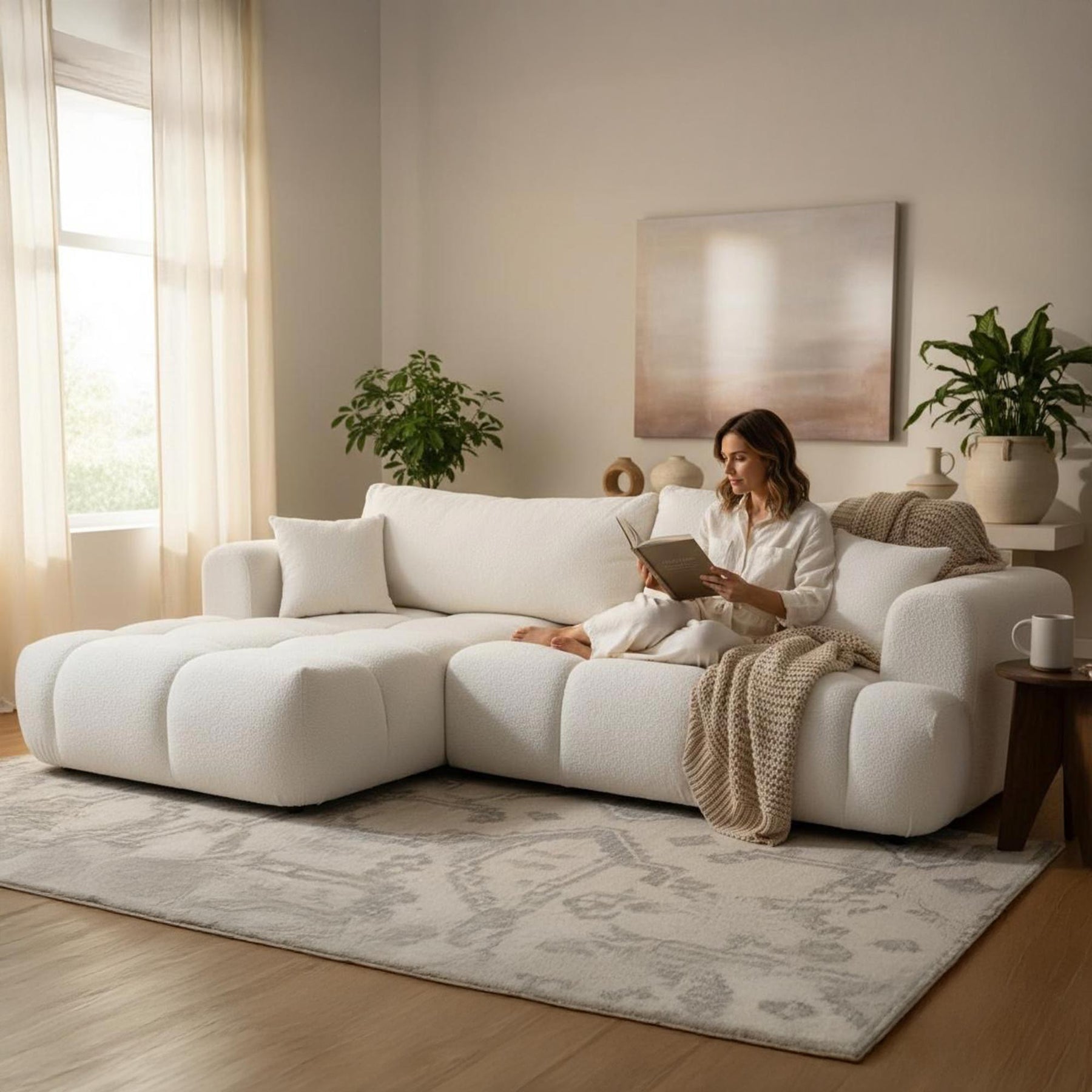 CLOUD Canapé d'angle convertible en tissu bouclette beige - Angle gauche
