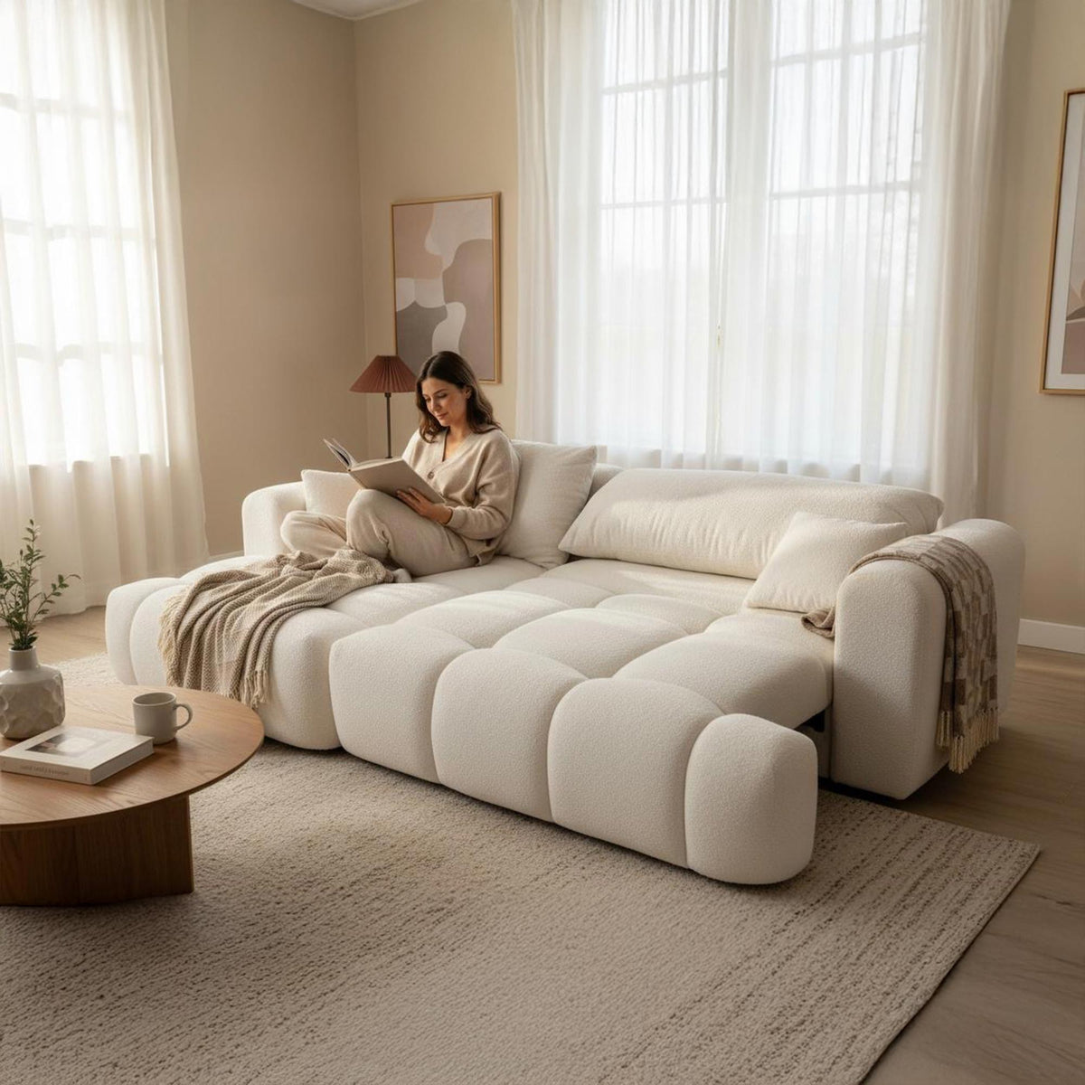 CLOUD Canapé d'angle convertible en tissu bouclette beige - Angle gauche