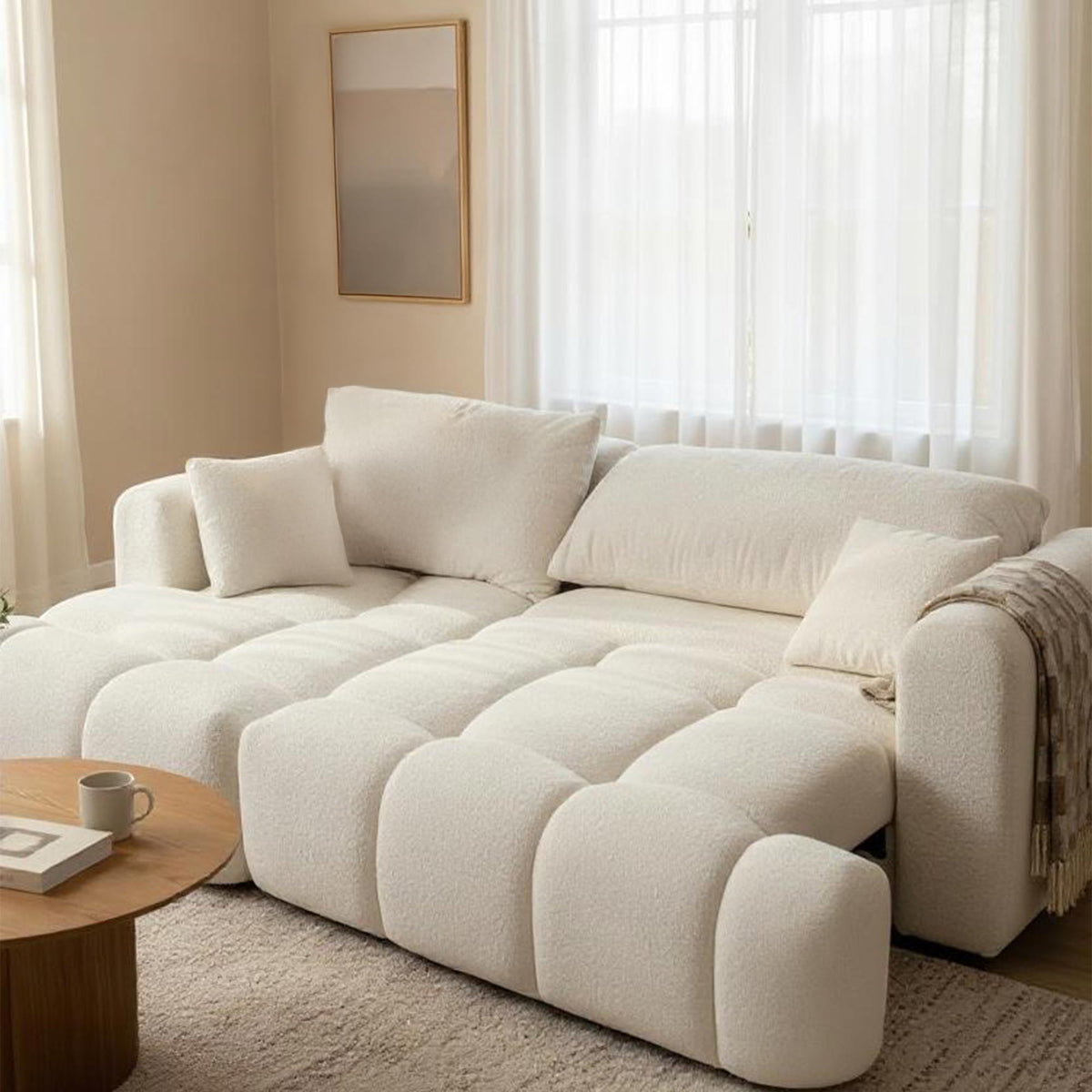 CLOUD Canapé d'angle convertible en tissu bouclette beige - Angle gauche
