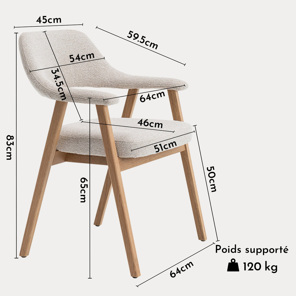 CORALIE Chaise de repas en tissu beige pieds chêne massif clair