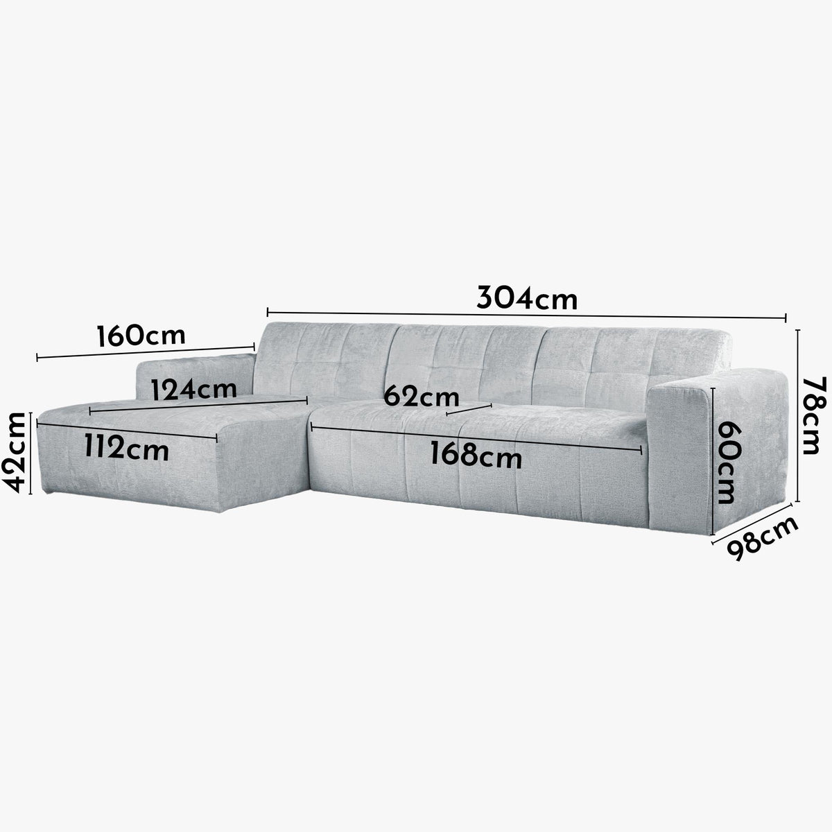 CYNDA Canapé d'angle en tissu capitonné gris - Angle gauche
