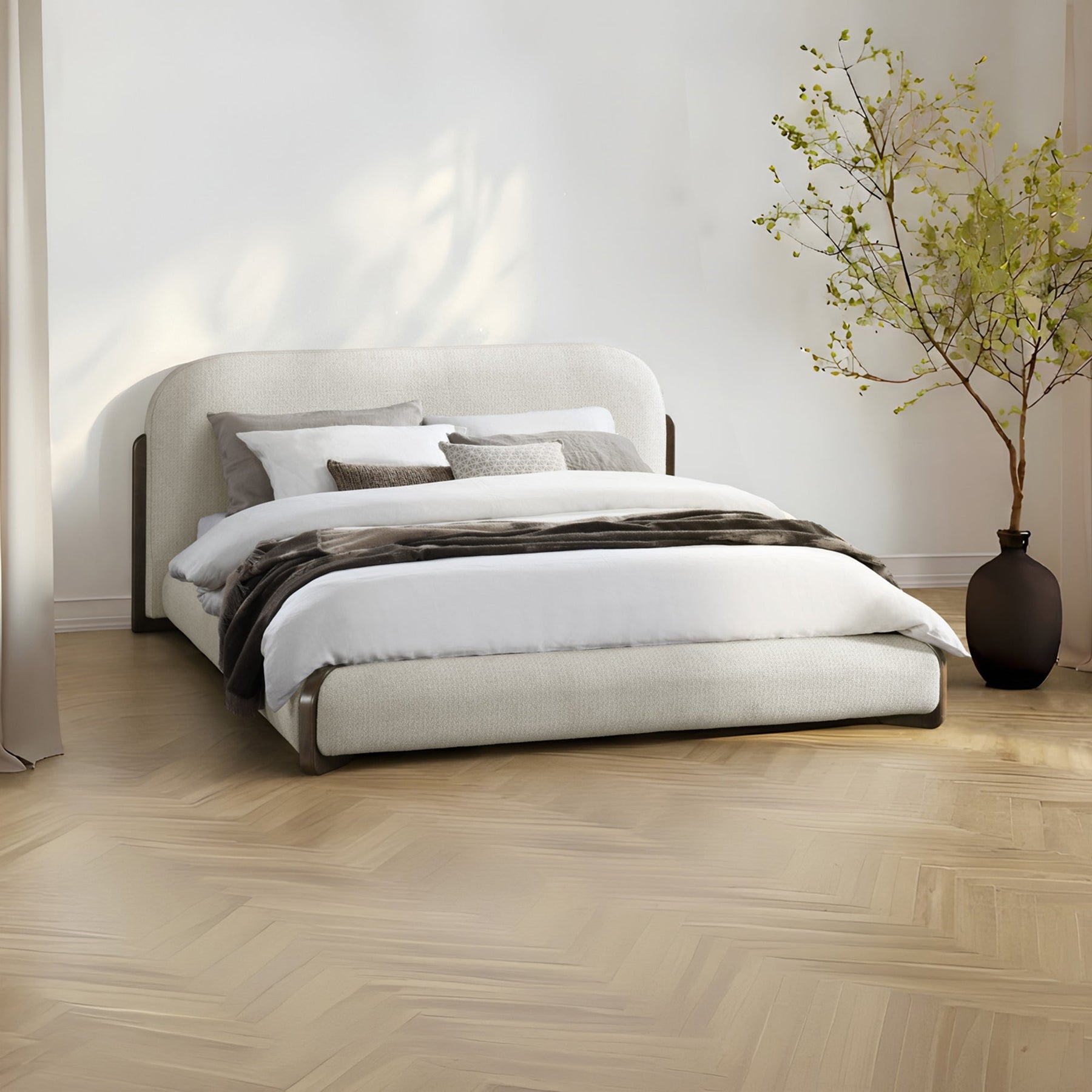 DELYA Lit double en tissu beige et bois foncé 140x190 cm