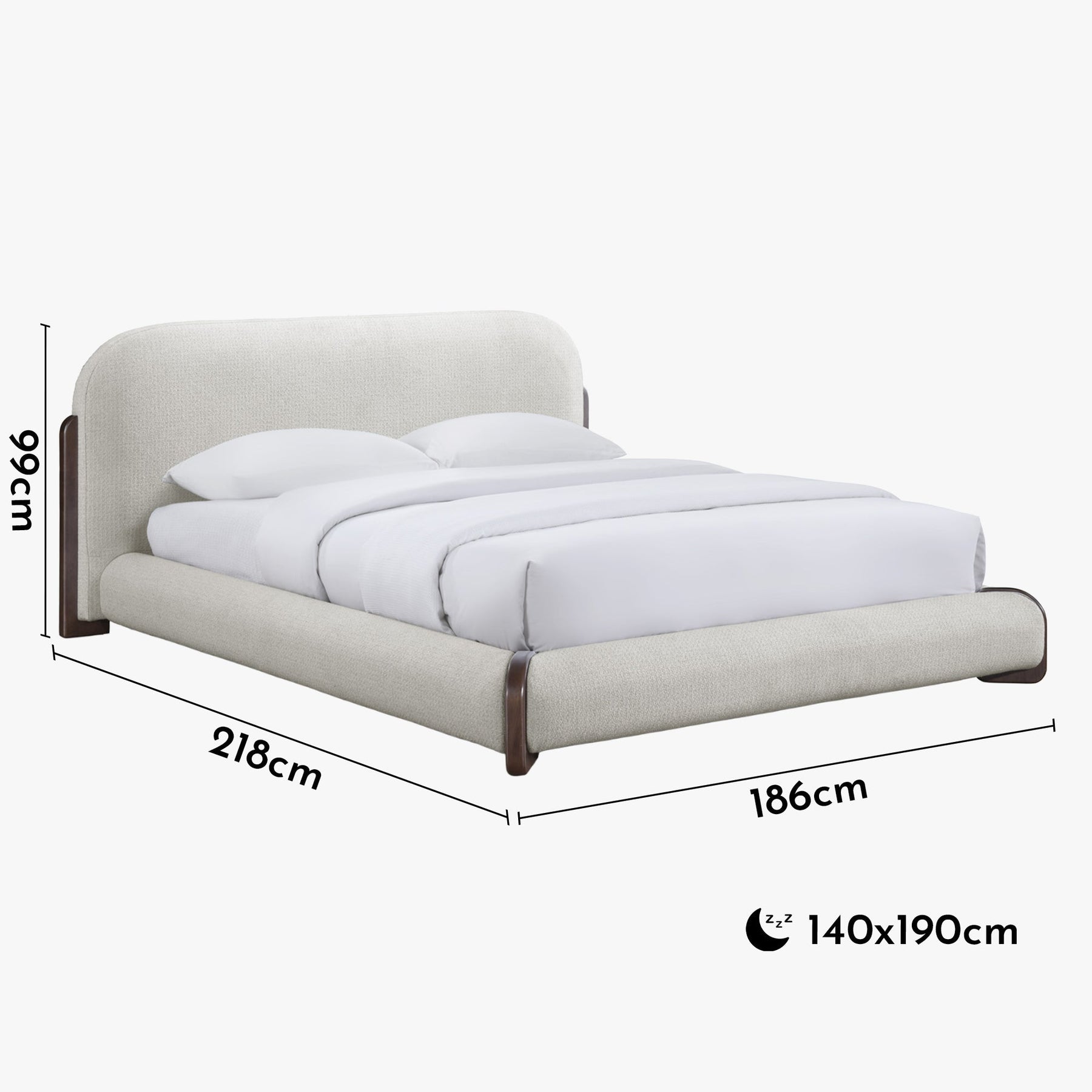 DELYA Lit double en tissu beige et bois foncé 140x190 cm