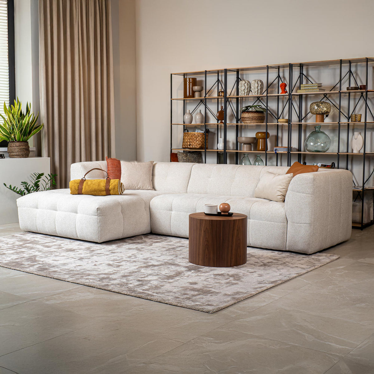 DEYNA Canapé d’angle en tissu capitonné beige - Angle gauche