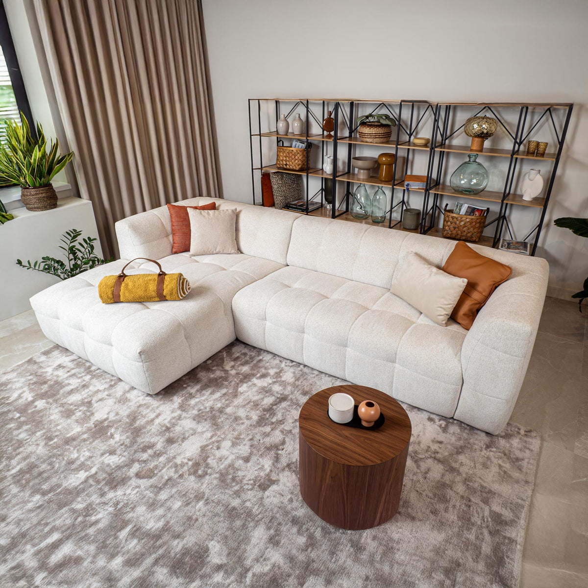 DEYNA Canapé d’angle en tissu capitonné beige - Angle gauche