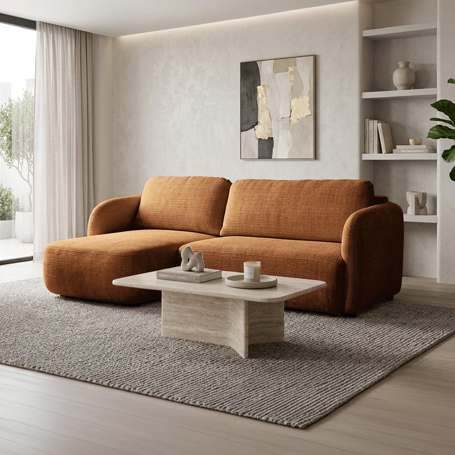 DRIXY Canapé d'angle convertible avec coffre en tissu orange - Angle gauche
