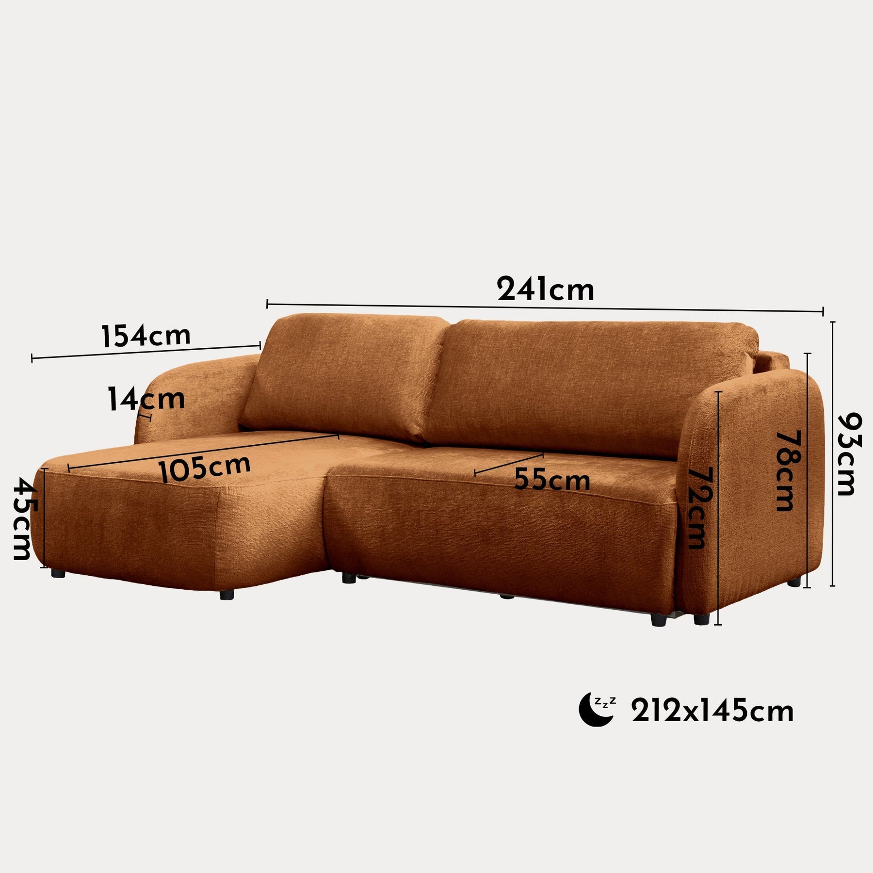 DRIXY Canapé d'angle convertible avec coffre en tissu orange - Angle gauche