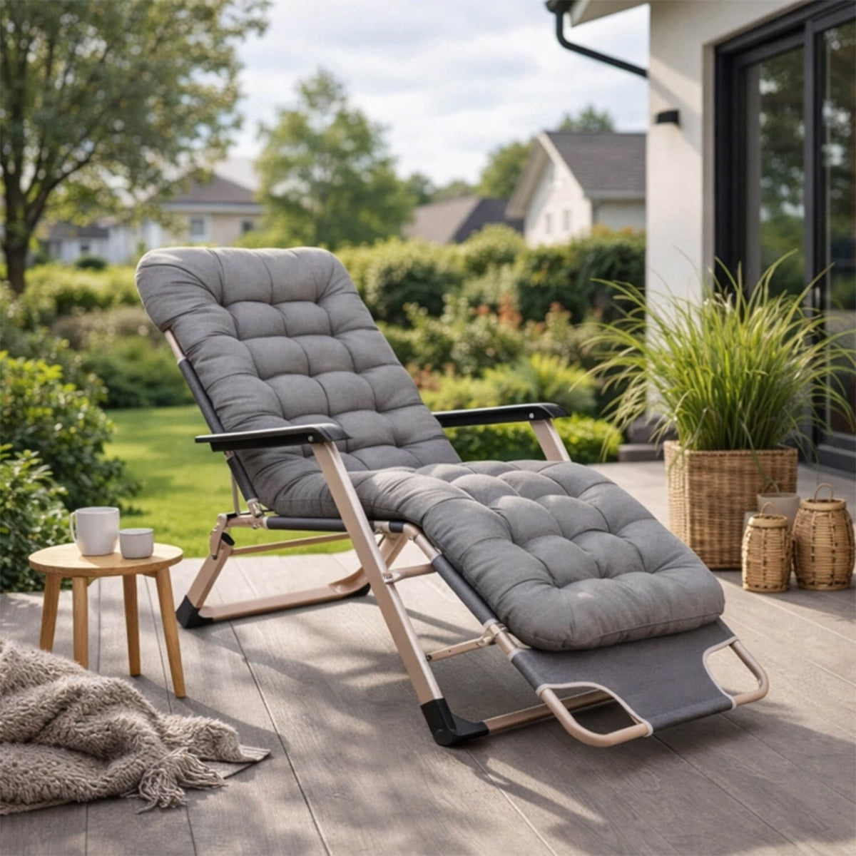 EDISON Fauteuil inclinable en tissu gris pieds en métal beige