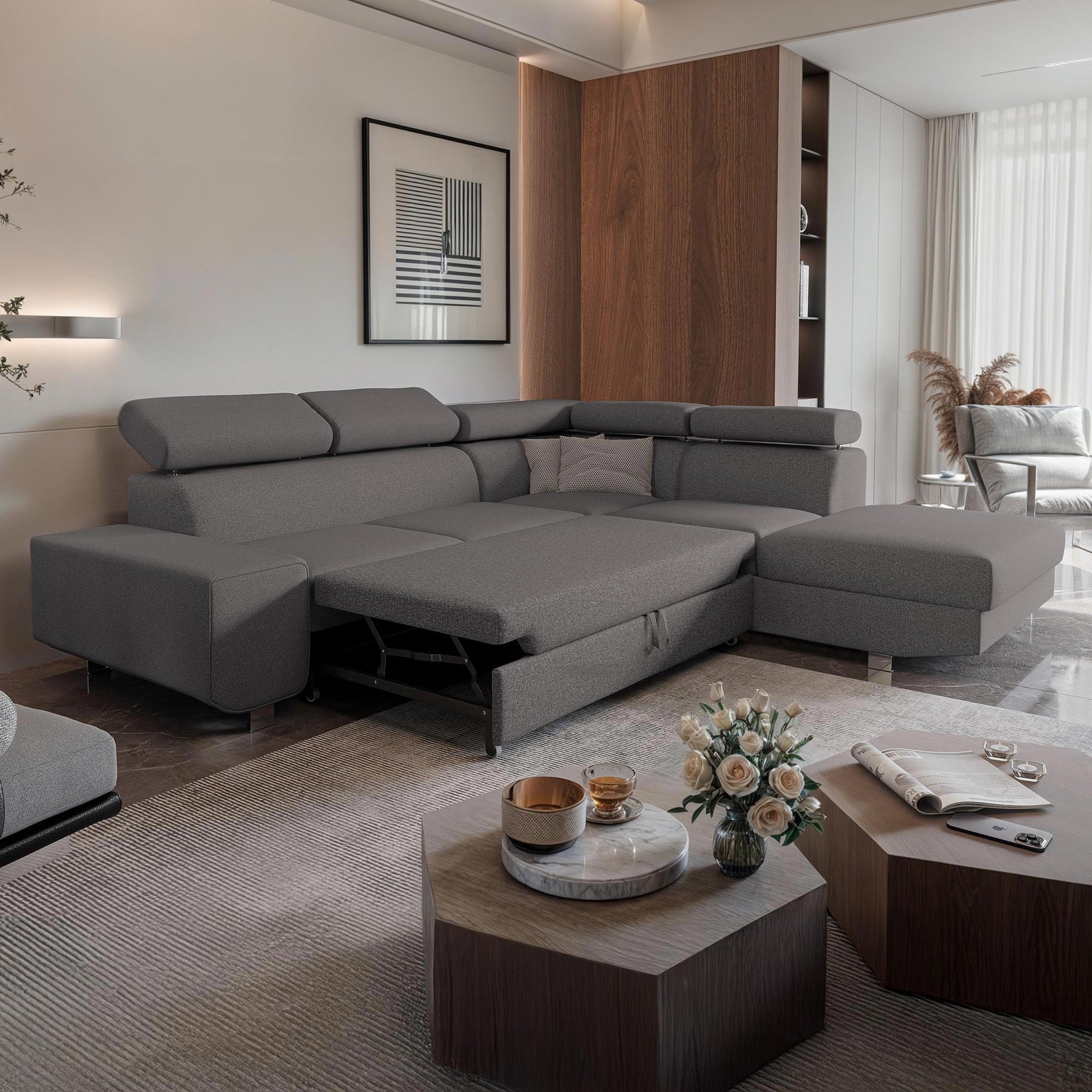 EIDEN Canapé d'angle convertible avec coffre en tissu gris foncé - Angle droit