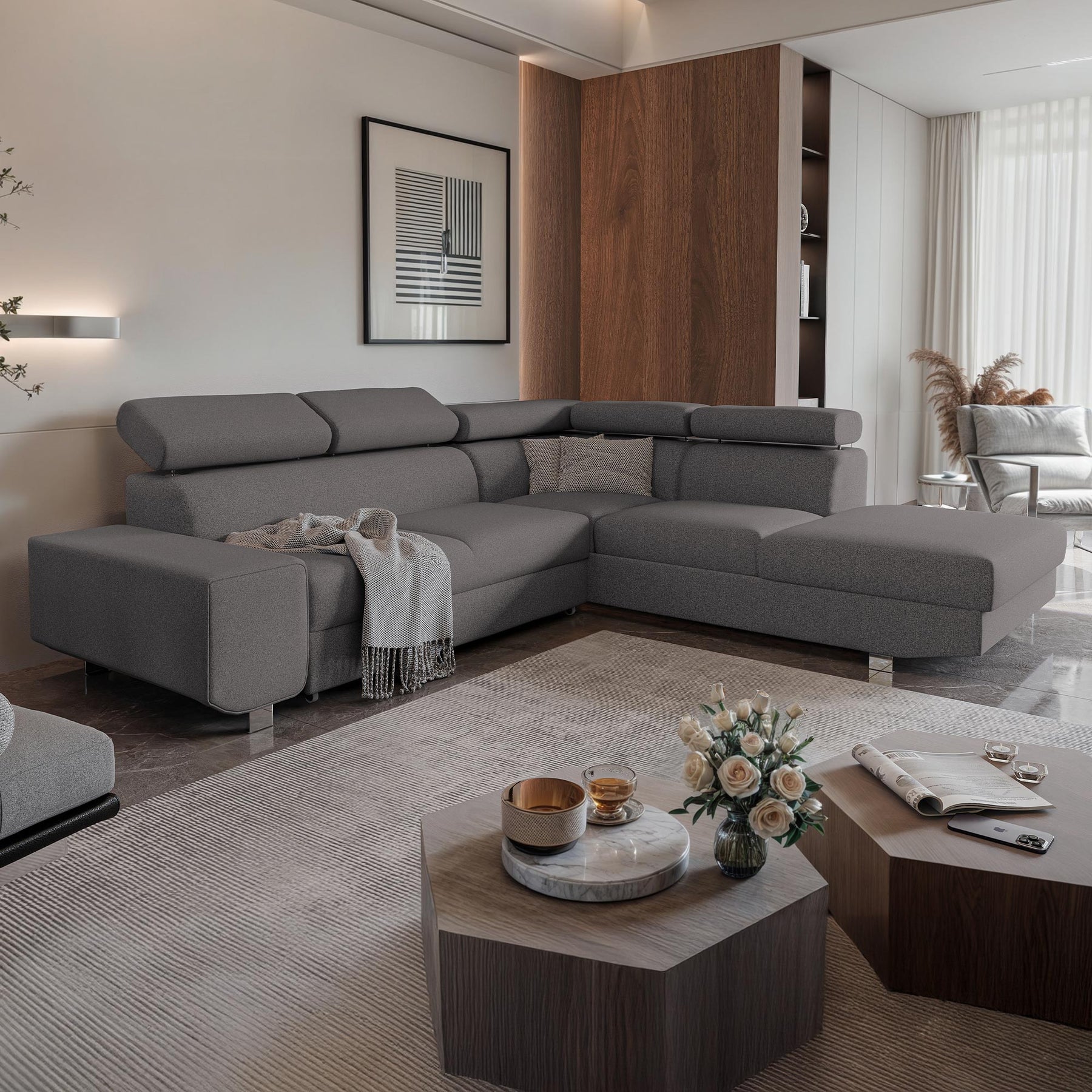 EIDEN Canapé d'angle convertible avec coffre en tissu gris foncé - Angle droit