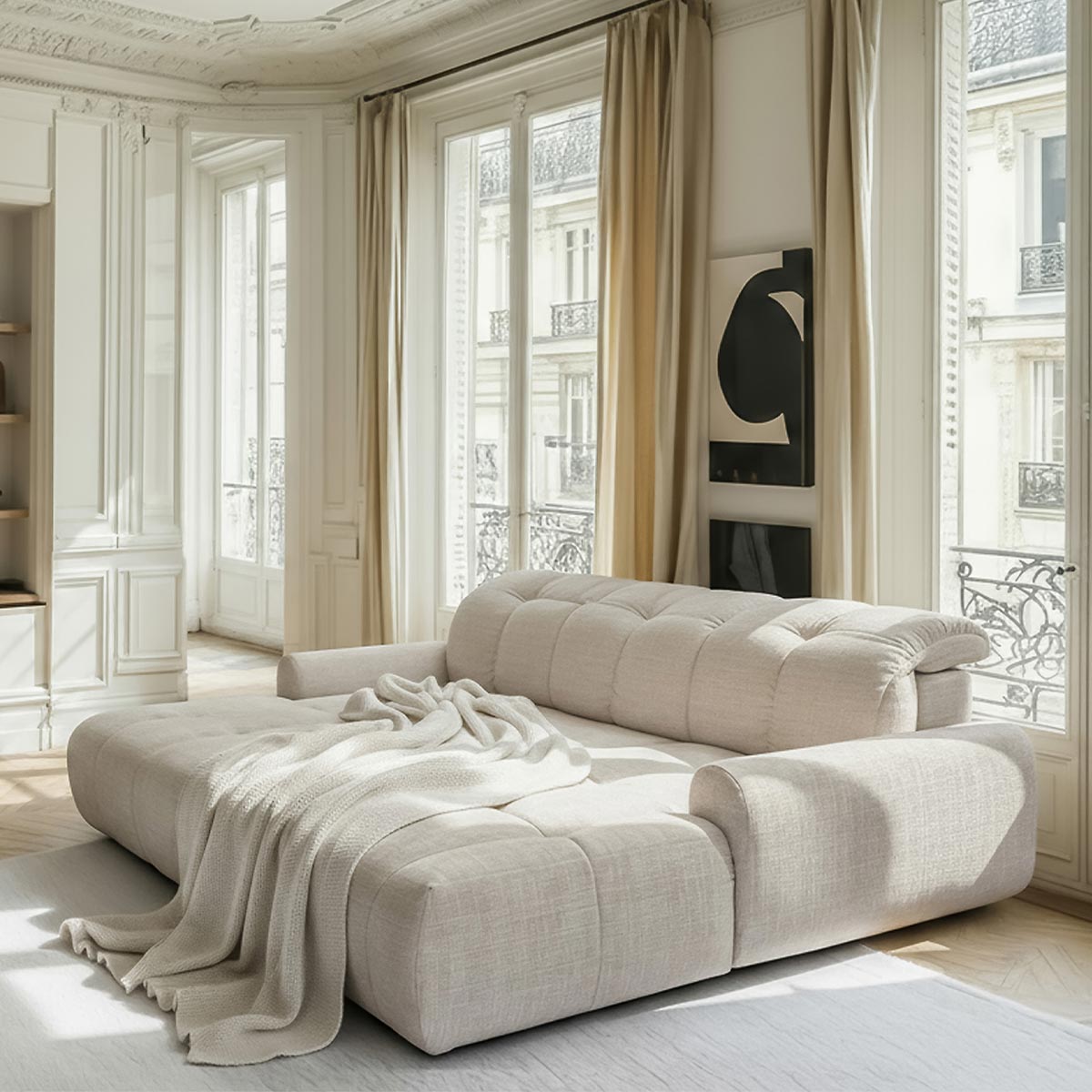 ELIOS Canapé d'angle convertible avec coffre en tissu beige - Angle droit