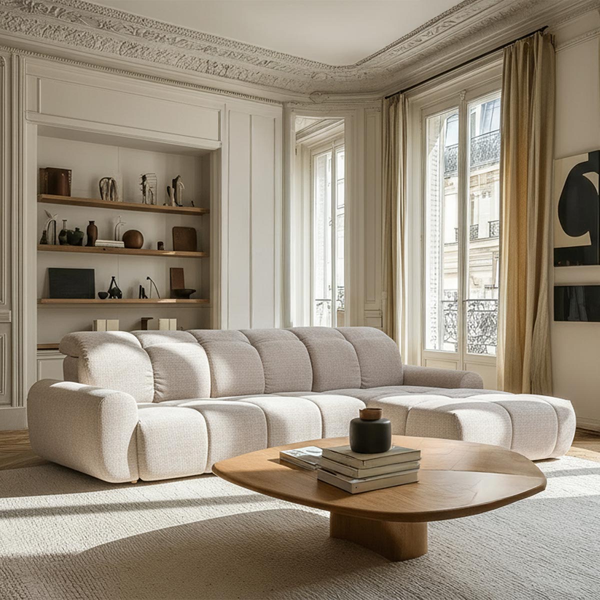 ELIOS Canapé d'angle convertible avec coffre en tissu beige - Angle droit