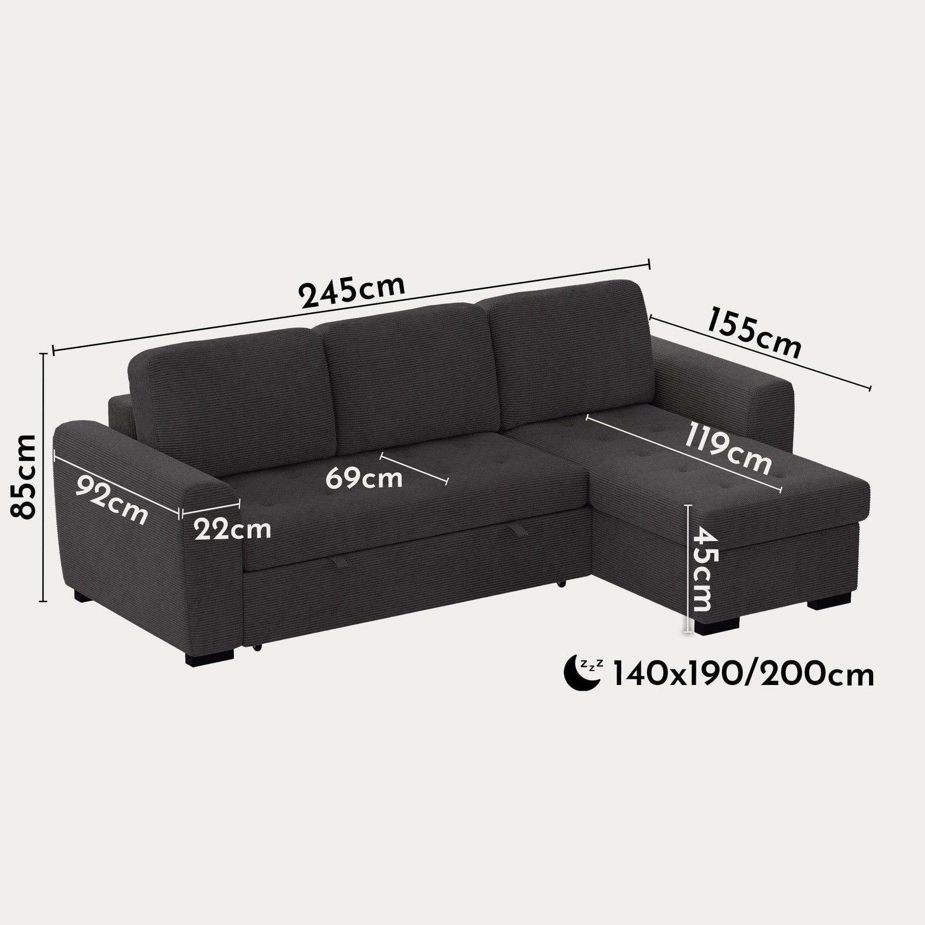EMELINE Canapé d'angle réversible convertible avec coffre en velours côtelé anthracite