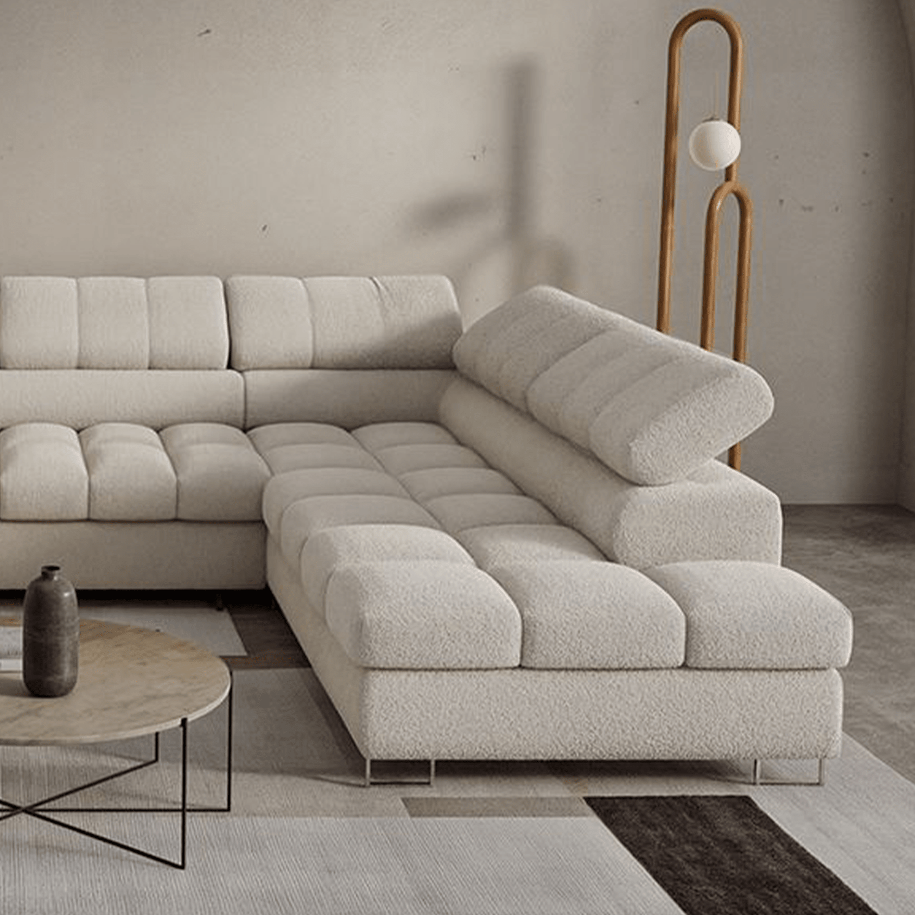 EMMA Canapé panoramique convertible avec 2 coffres et têtières relevables en tissu bouclette beige