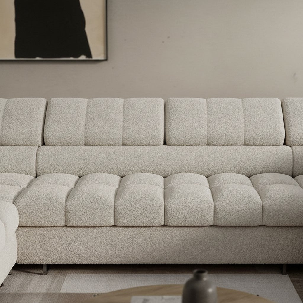 EMMA Canapé panoramique convertible avec 2 coffres et têtières relevables en tissu bouclette beige