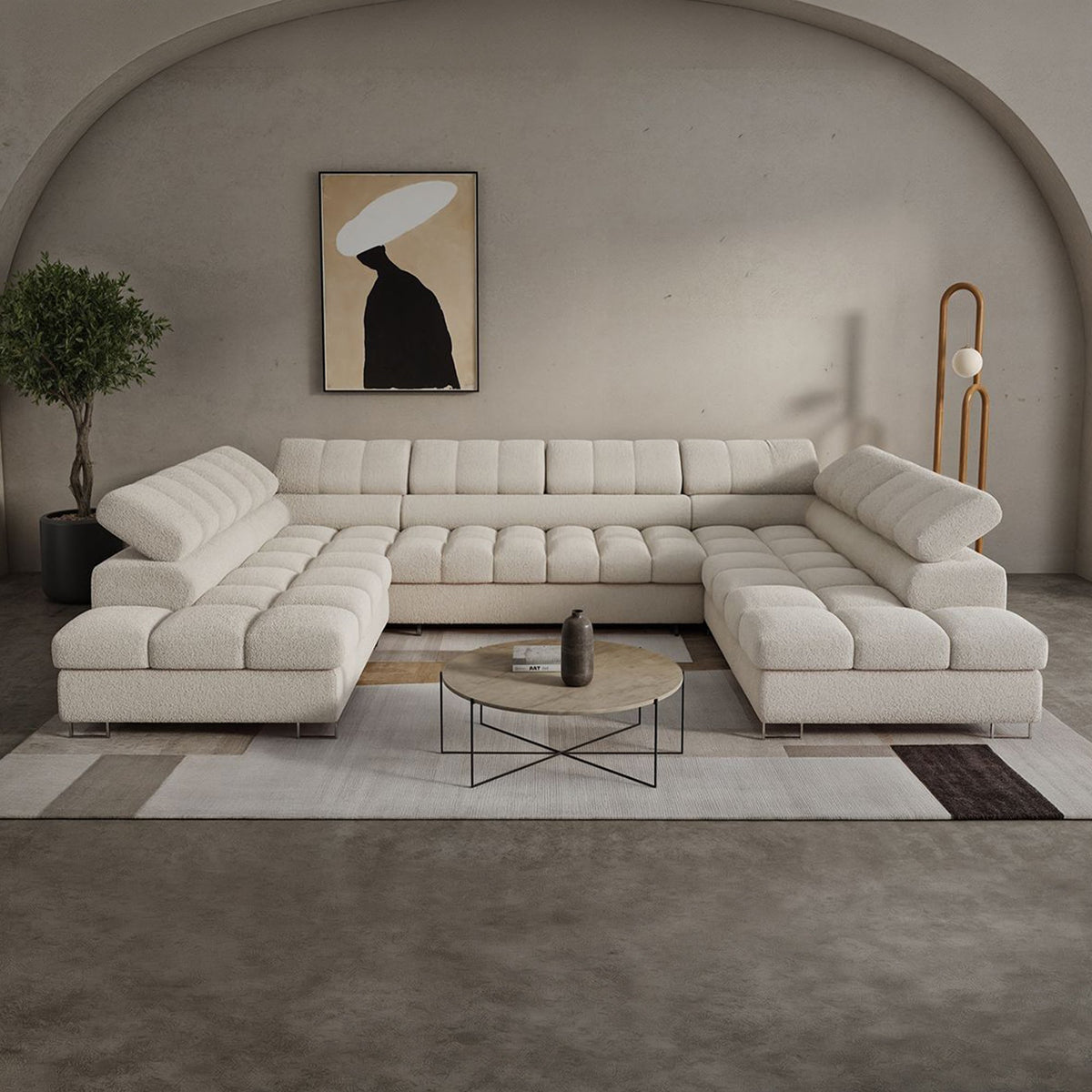 EMMA Canapé panoramique convertible avec 2 coffres et têtières relevables en tissu bouclette beige