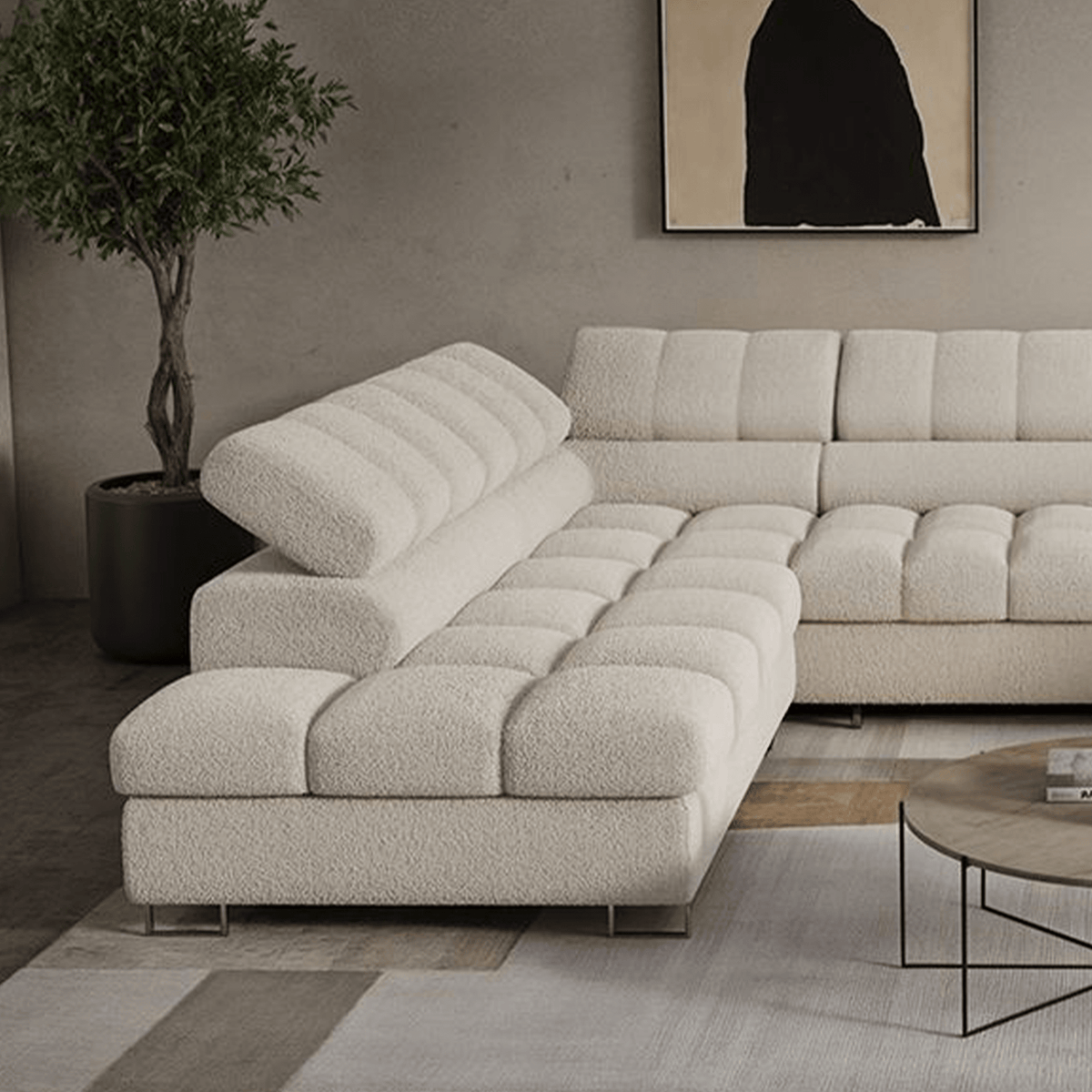 EMMA Canapé panoramique convertible avec 2 coffres et têtières relevables en tissu bouclette beige
