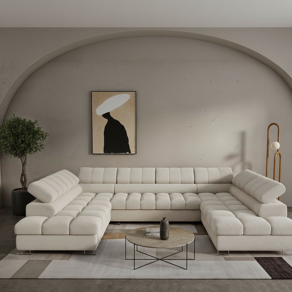 EMMA Canapé panoramique convertible avec 2 coffres et têtières relevables en tissu bouclette beige