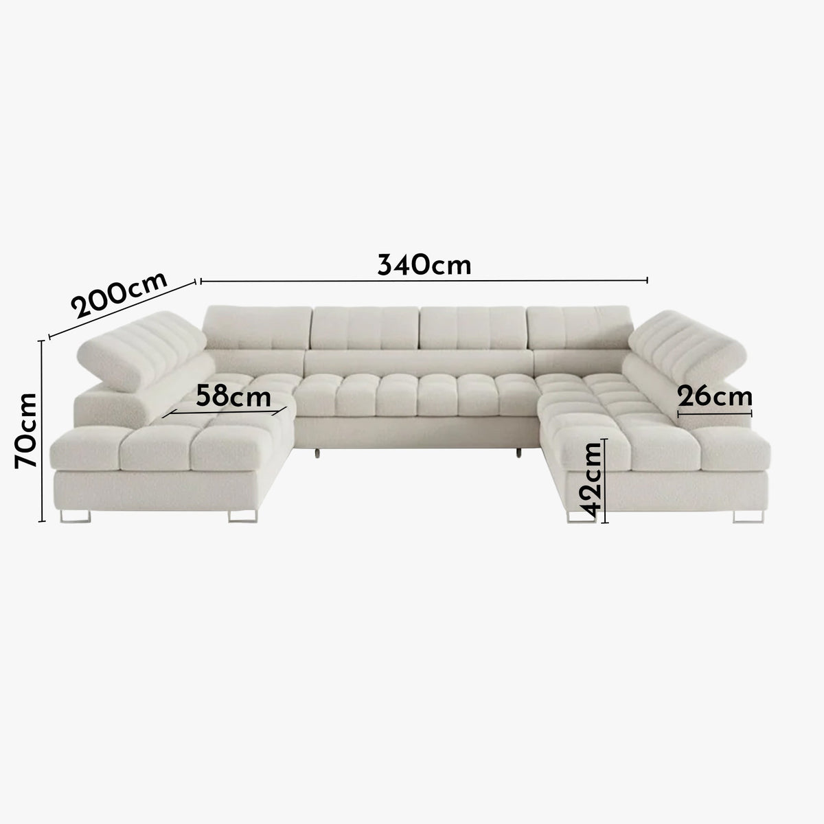EMMA Canapé panoramique convertible avec 2 coffres et têtières relevables en tissu bouclette beige