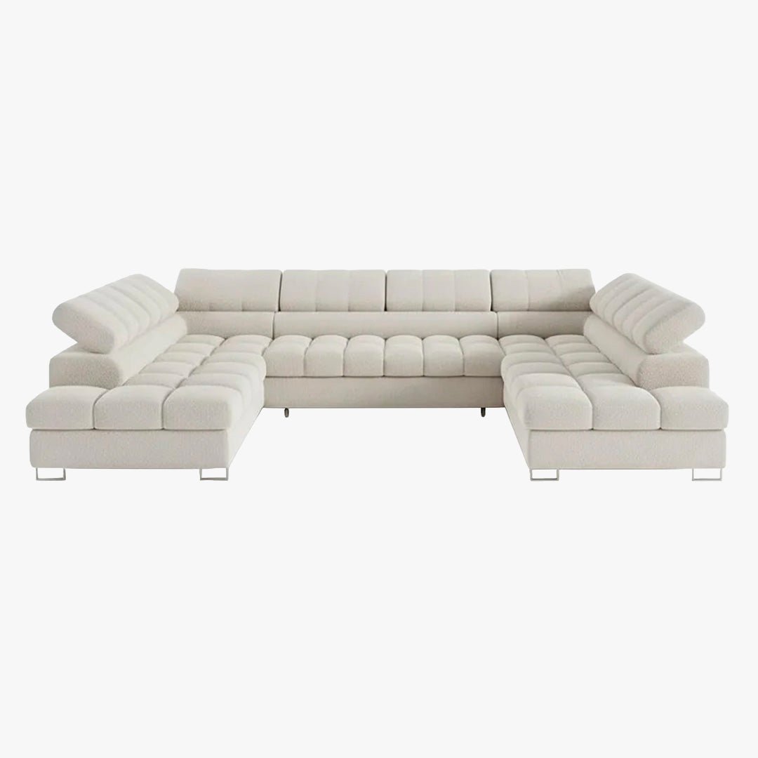 EMMA Canapé panoramique convertible avec 2 coffres et têtières relevables en tissu bouclette beige