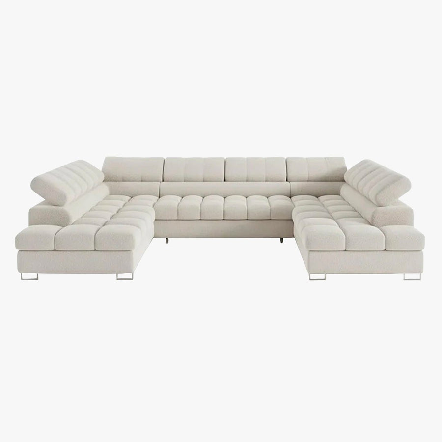EMMA Canapé panoramique convertible avec 2 coffres et têtières relevables en tissu bouclette beige