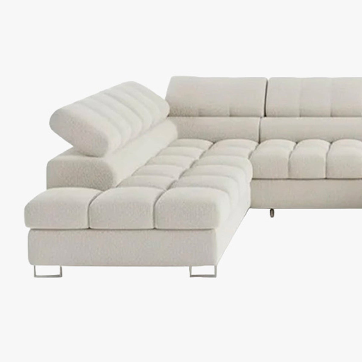 EMMA Canapé panoramique convertible avec 2 coffres et têtières relevables en tissu bouclette beige