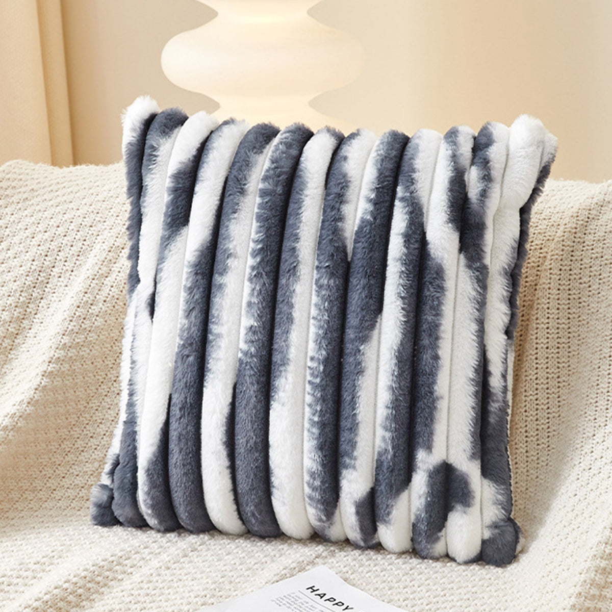 EVELYA Coussin carré en tissu côtelé gris et blanc 43x43 cm