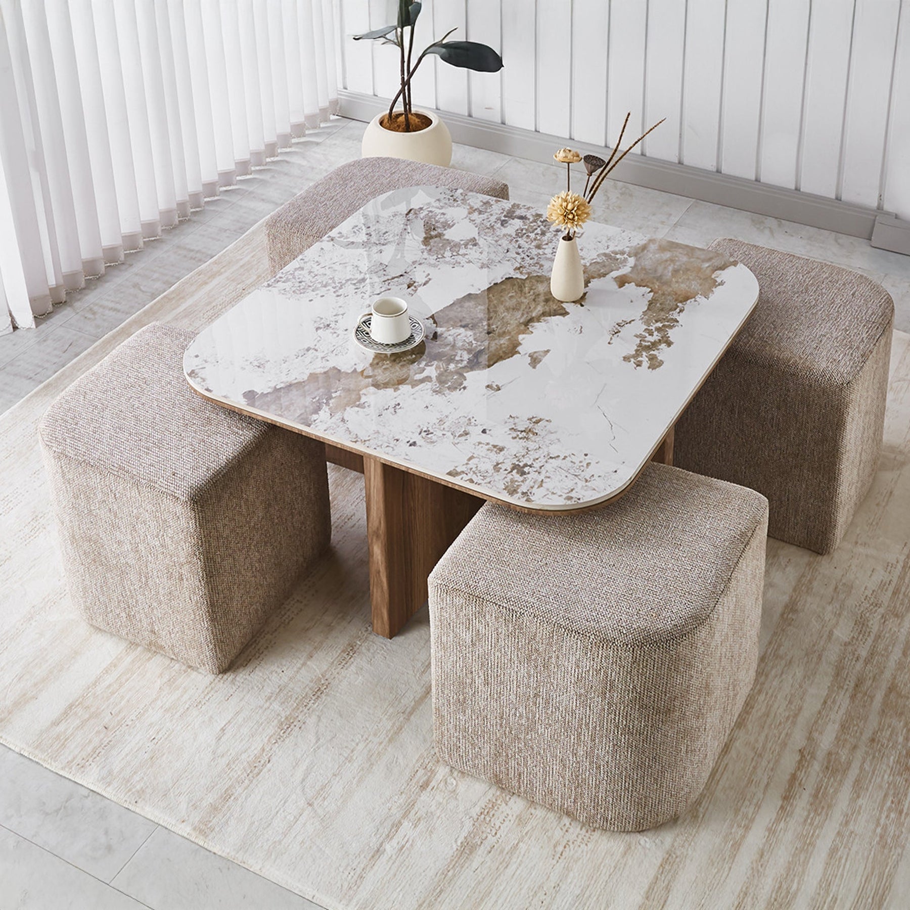 EVORA Table basse en pierre frittée blanc avec 4 poufs pieds couleur bois