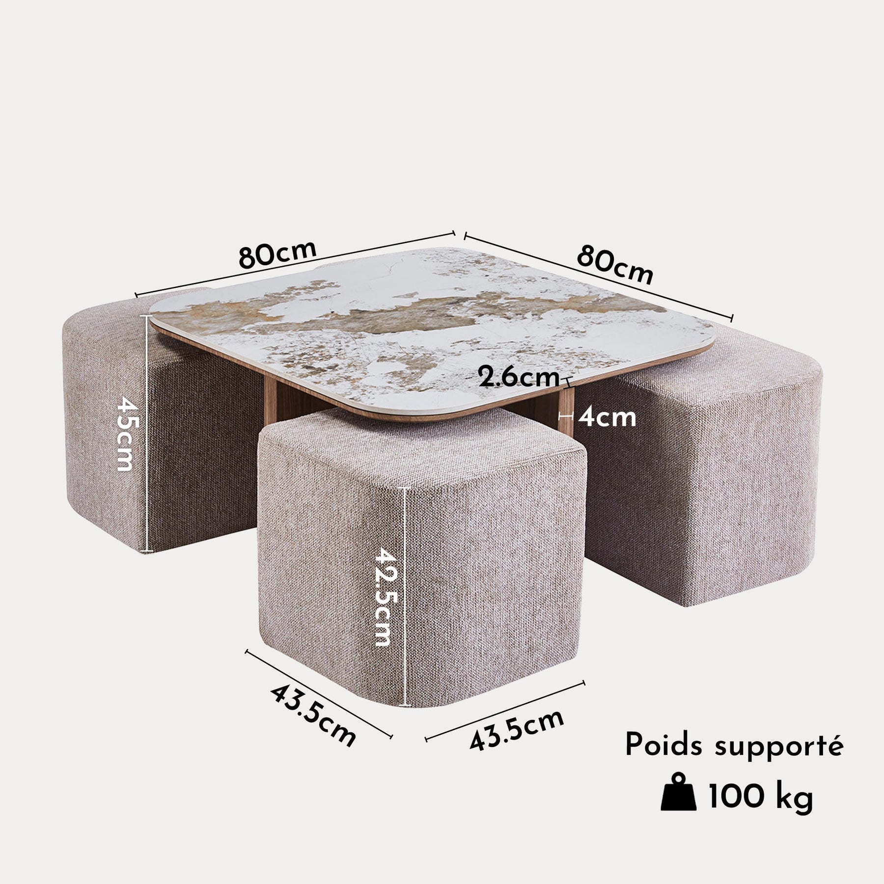 EVORA Table basse en pierre frittée blanc avec 4 poufs pieds couleur bois