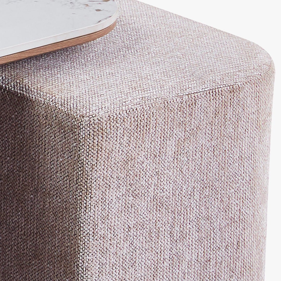 EVORA Table basse en pierre frittée blanc avec 4 poufs pieds couleur bois