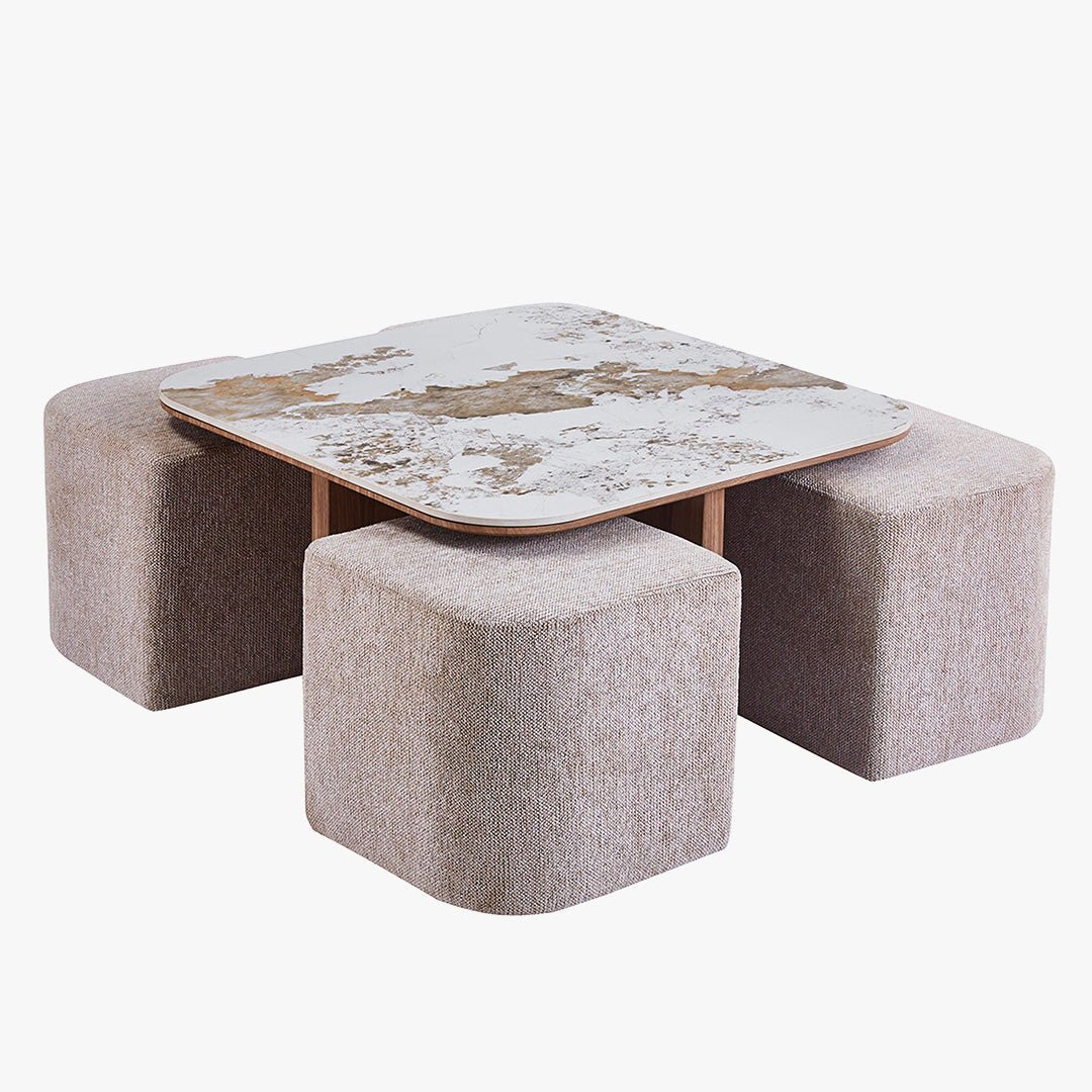 EVORA Table basse en pierre frittée blanc avec 4 poufs pieds couleur bois