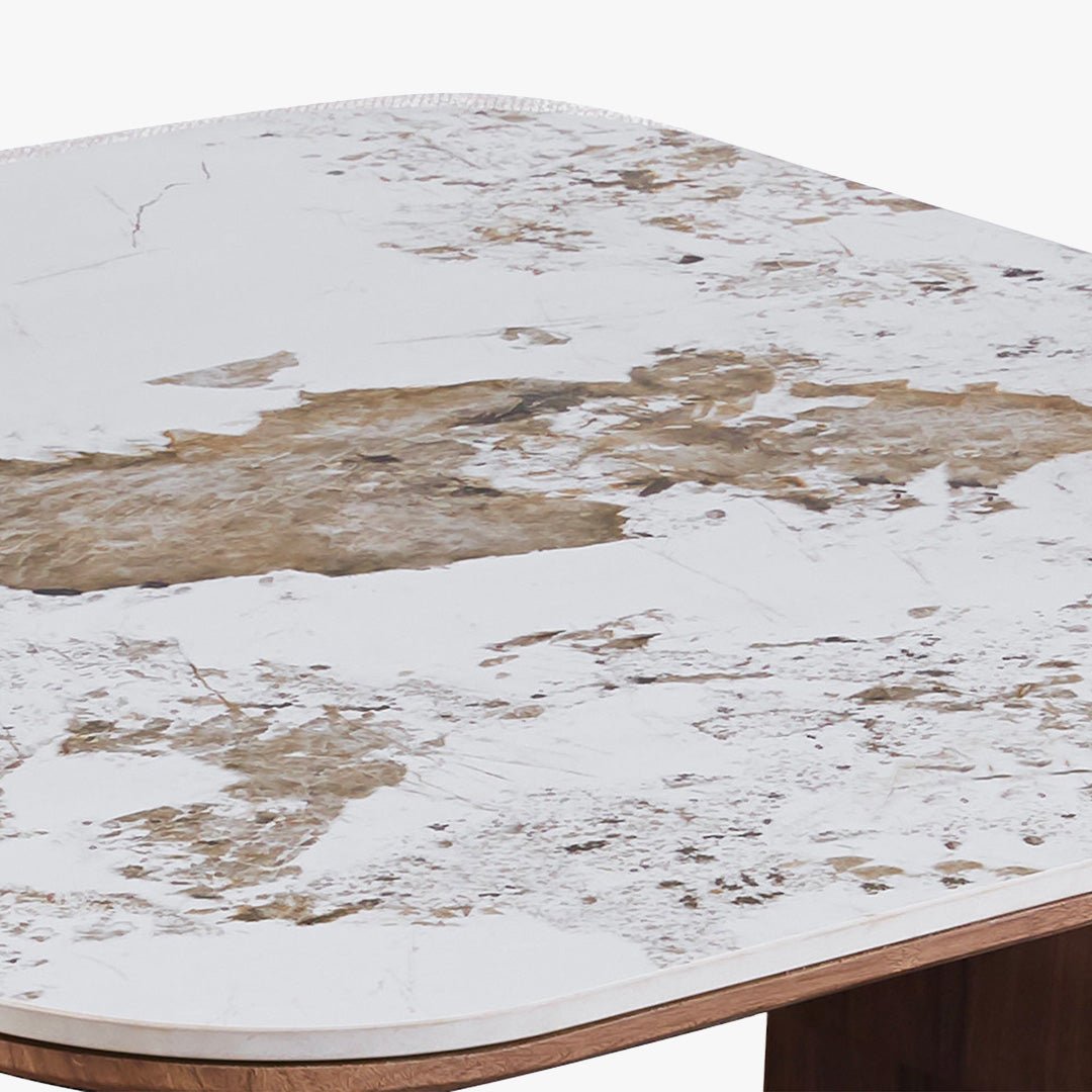 EVORA Table basse en pierre frittée blanc avec 4 poufs pieds couleur bois