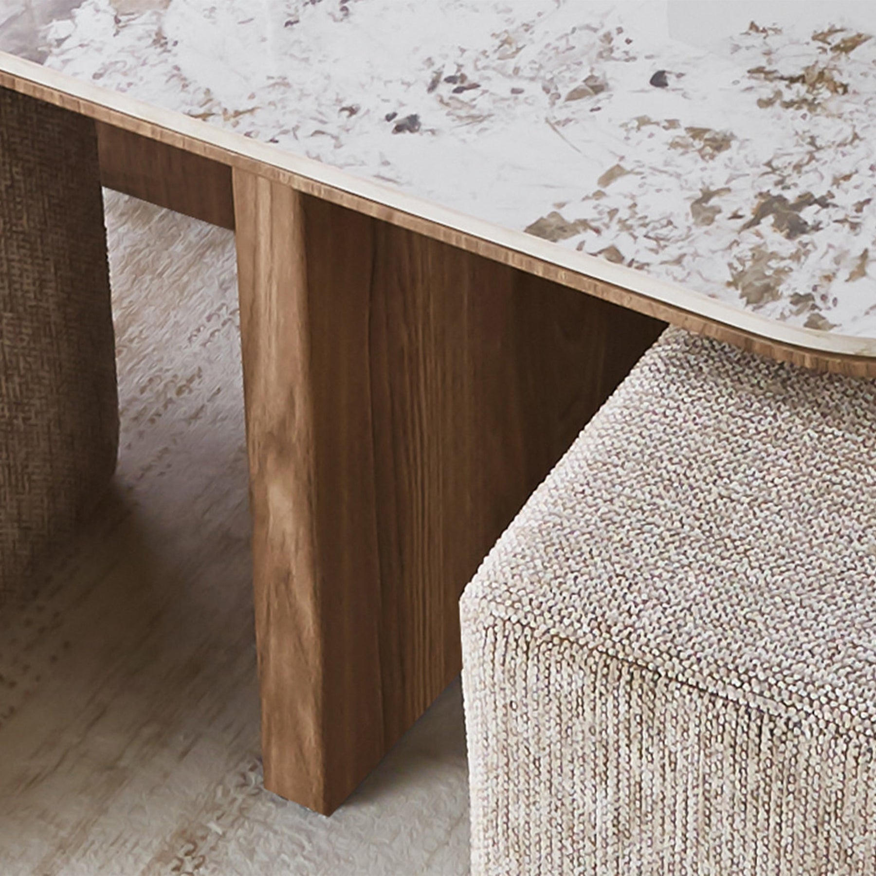 EVORA Table basse en pierre frittée blanc avec 4 poufs pieds couleur bois