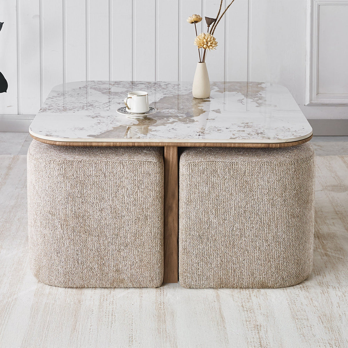 EVORA Table basse en pierre frittée blanc avec 4 poufs pieds couleur bois