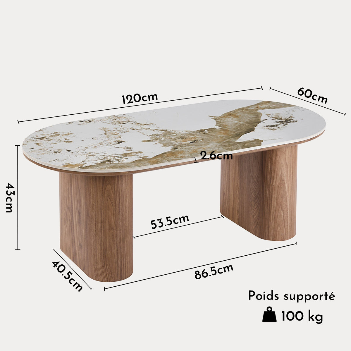 EVORA Table basse en pierre frittée blanc pieds couleur bois clair
